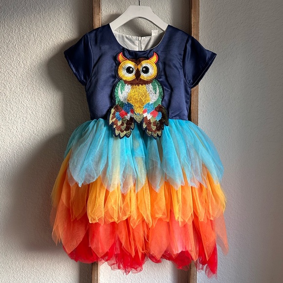Mini Berni Rainbow Multi Color Owl Dress for girls sz: 16 - Picture 2 of 9